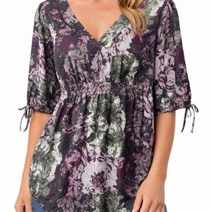 LOFT Ann Taylor Floral V-Neck Peasant Top in Plum and Gray sz S will fit M also